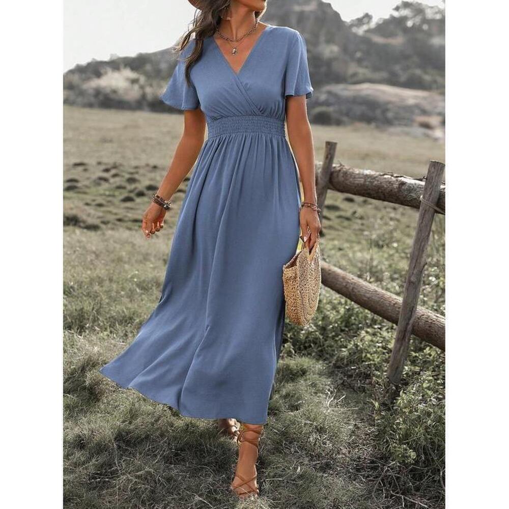 Breezaya Solid Color V-Neck Wrap Waist Split Dress - Picture 6 of 7